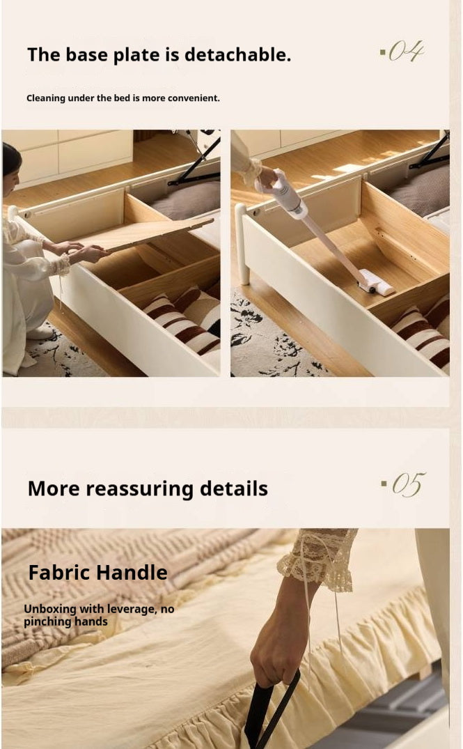 Rubberwood Solid Wood French Cream Storage Bed with Upholstered Headboard