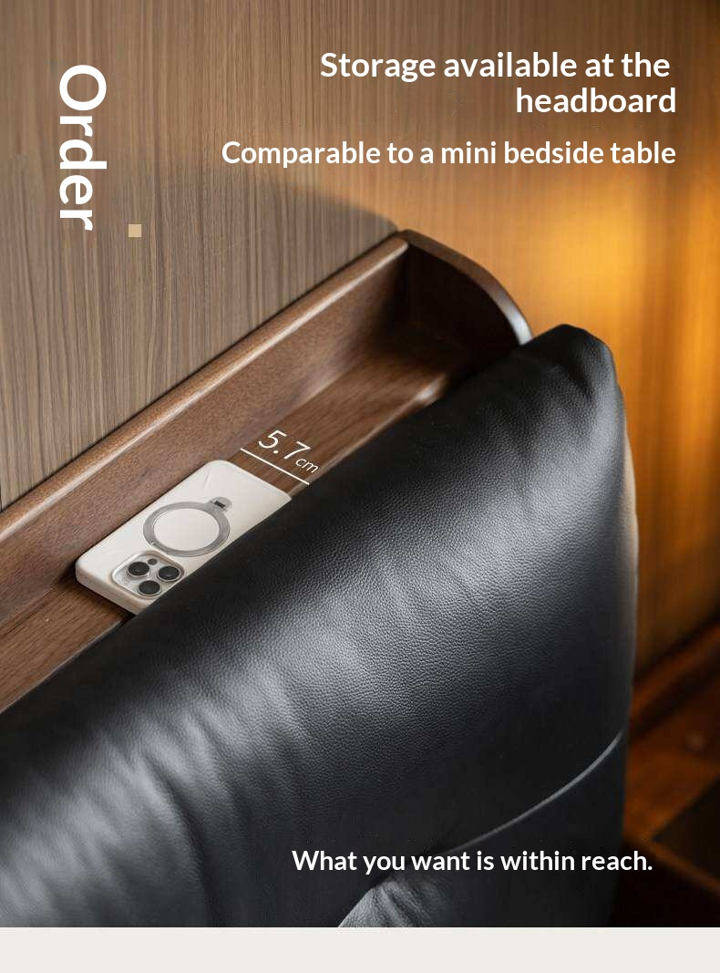 Black Walnut Solid Wood Genuine Leather Lift-Up Storage Bed with Tufted Headboard and LED Floating Base