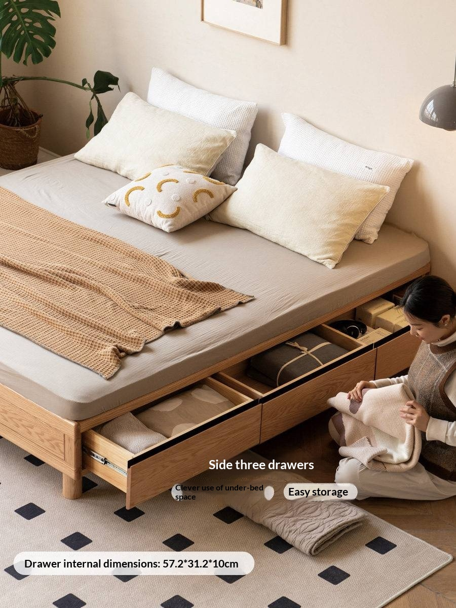 Oak Solid Wood Platform Bed — Headboard-Free, Drawer Storage, Simple Pull-Out Design