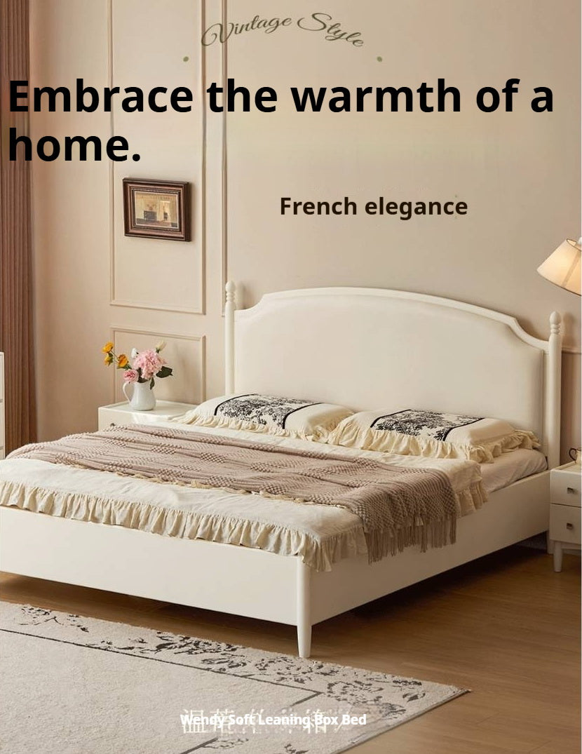 Rubberwood Solid Wood French Cream Storage Bed with Upholstered Headboard