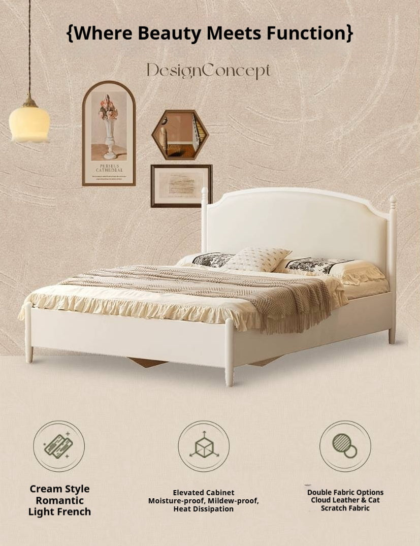 Rubberwood Solid Wood French Cream Storage Bed with Upholstered Headboard