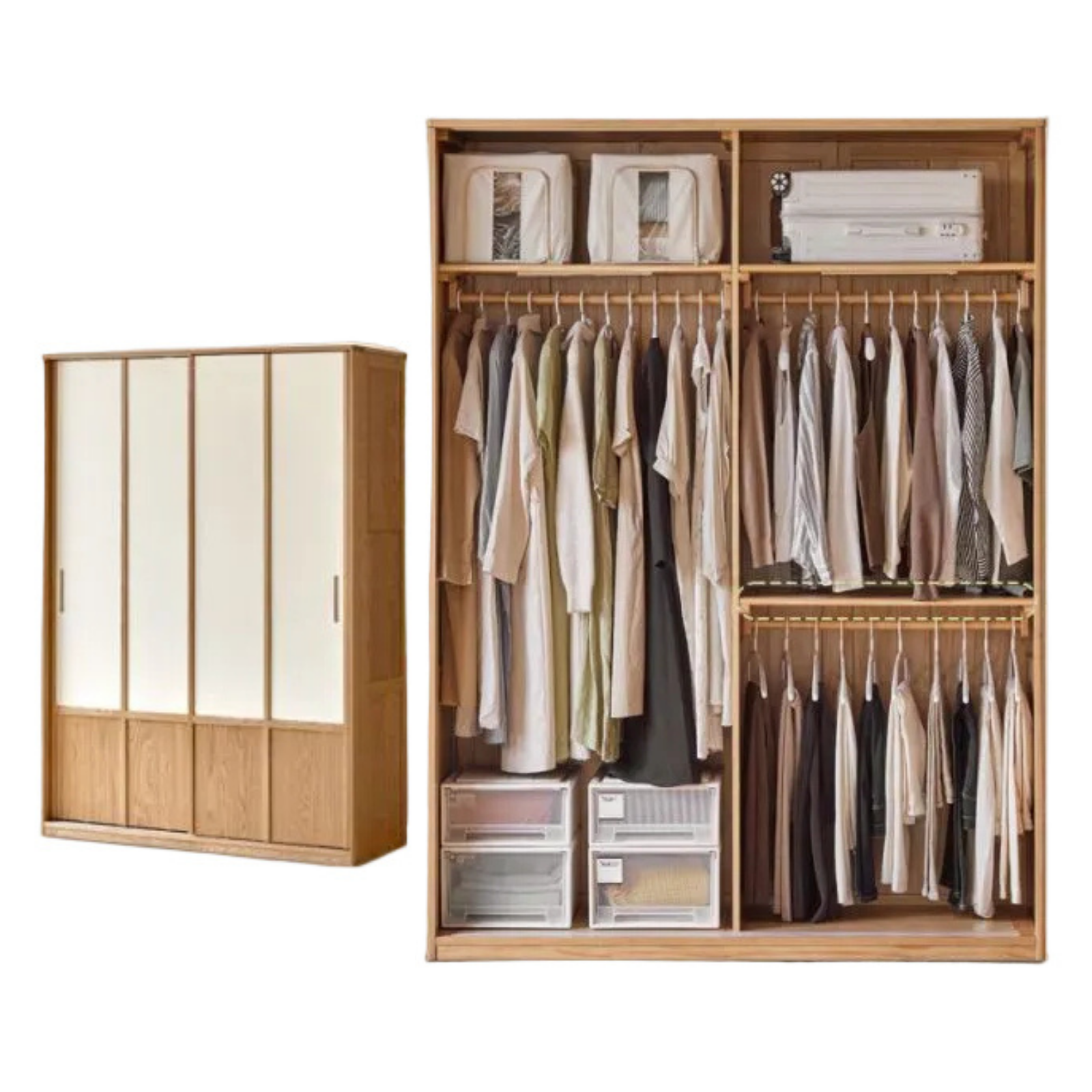 Oak Solid Wood Wardrobe with two-tone Sliding Doors