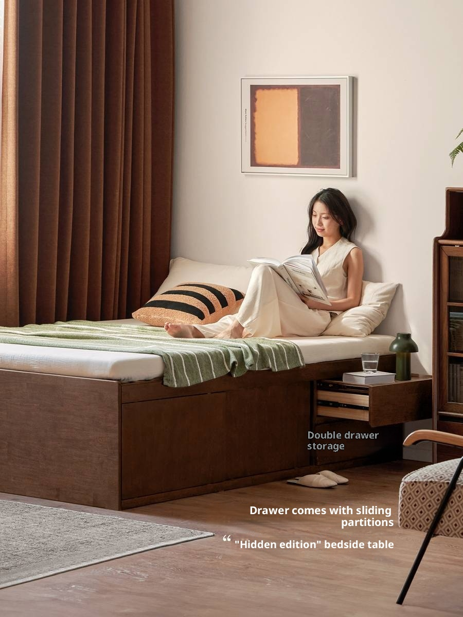 Rubberwood Solid Wood Modern Simple Box Platform Bed, Headboard-Free Bed