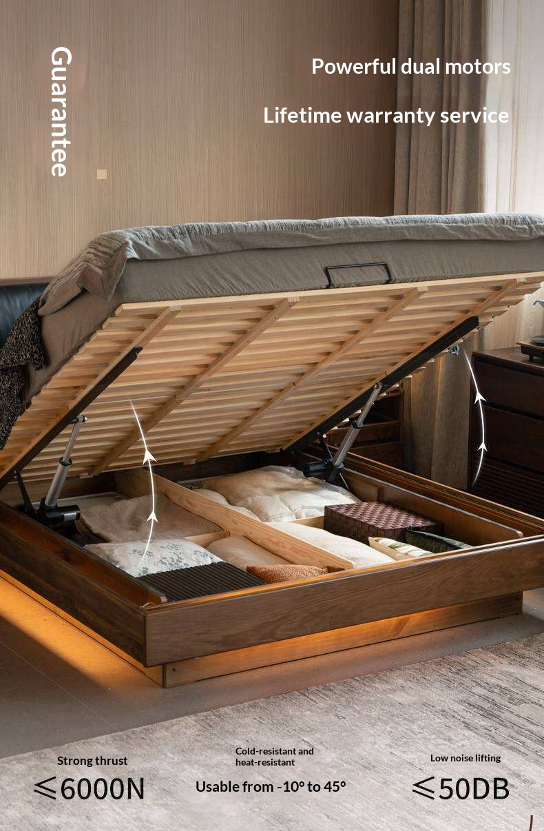 Black Walnut Solid Wood Genuine Leather Lift-Up Storage Bed with Tufted Headboard and LED Floating Base