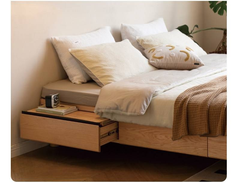 Oak Solid Wood Platform Bed — Headboard-Free, Drawer Storage, Simple Pull-Out Design