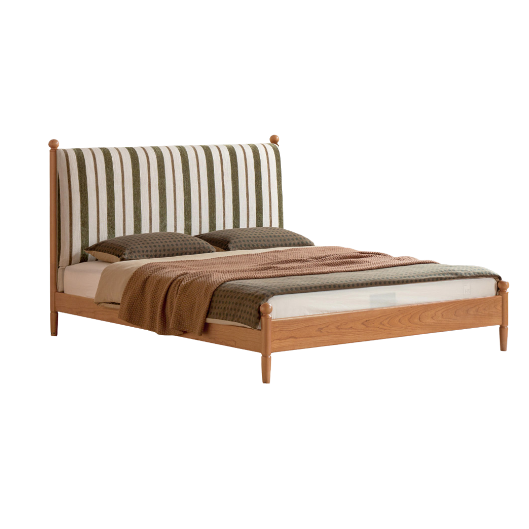 Cherry Solid Wood Fabric Upholstered Bed