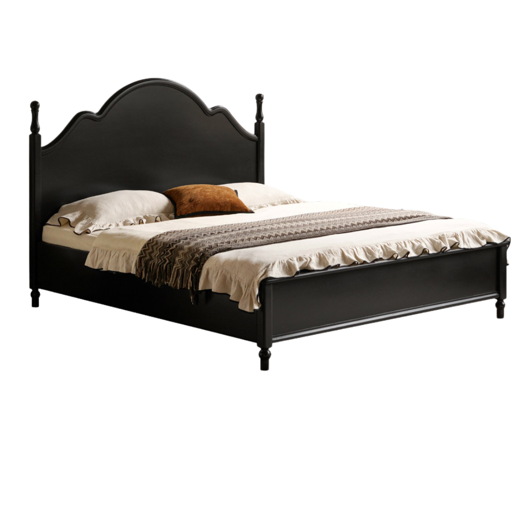 Rubberwood Solid Wood Bed American Retro Black Style