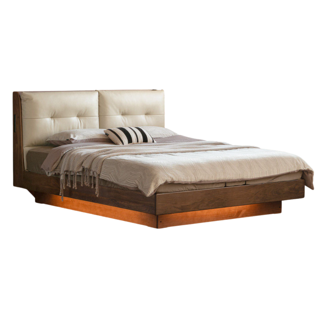Black Walnut Solid Wood Genuine Leather Lift-Up Storage Bed with Tufted Headboard and LED Floating Base