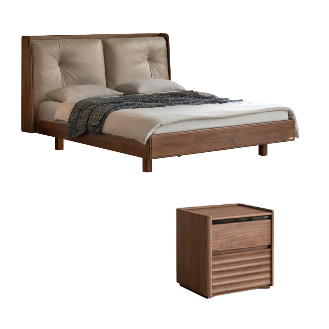 Black Walnut Solid Wood Italian Light Luxury Genuine Leather Soft Bed