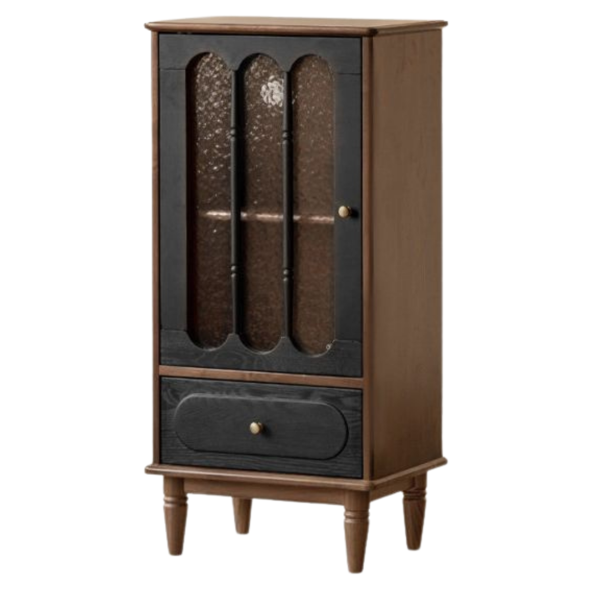 Black Walnut Solid Wood Vintage Curio Cabinet with Rippled Glass Doors and Brass Hardware