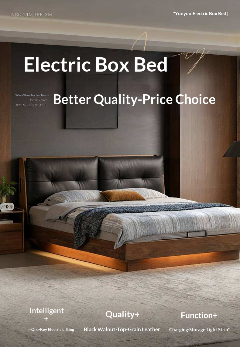 Black Walnut Solid Wood Genuine Leather Lift-Up Storage Bed with Tufted Headboard and LED Floating Base