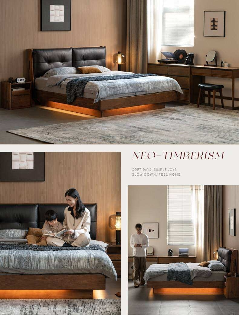 Black Walnut Solid Wood Genuine Leather Lift-Up Storage Bed with Tufted Headboard and LED Floating Base