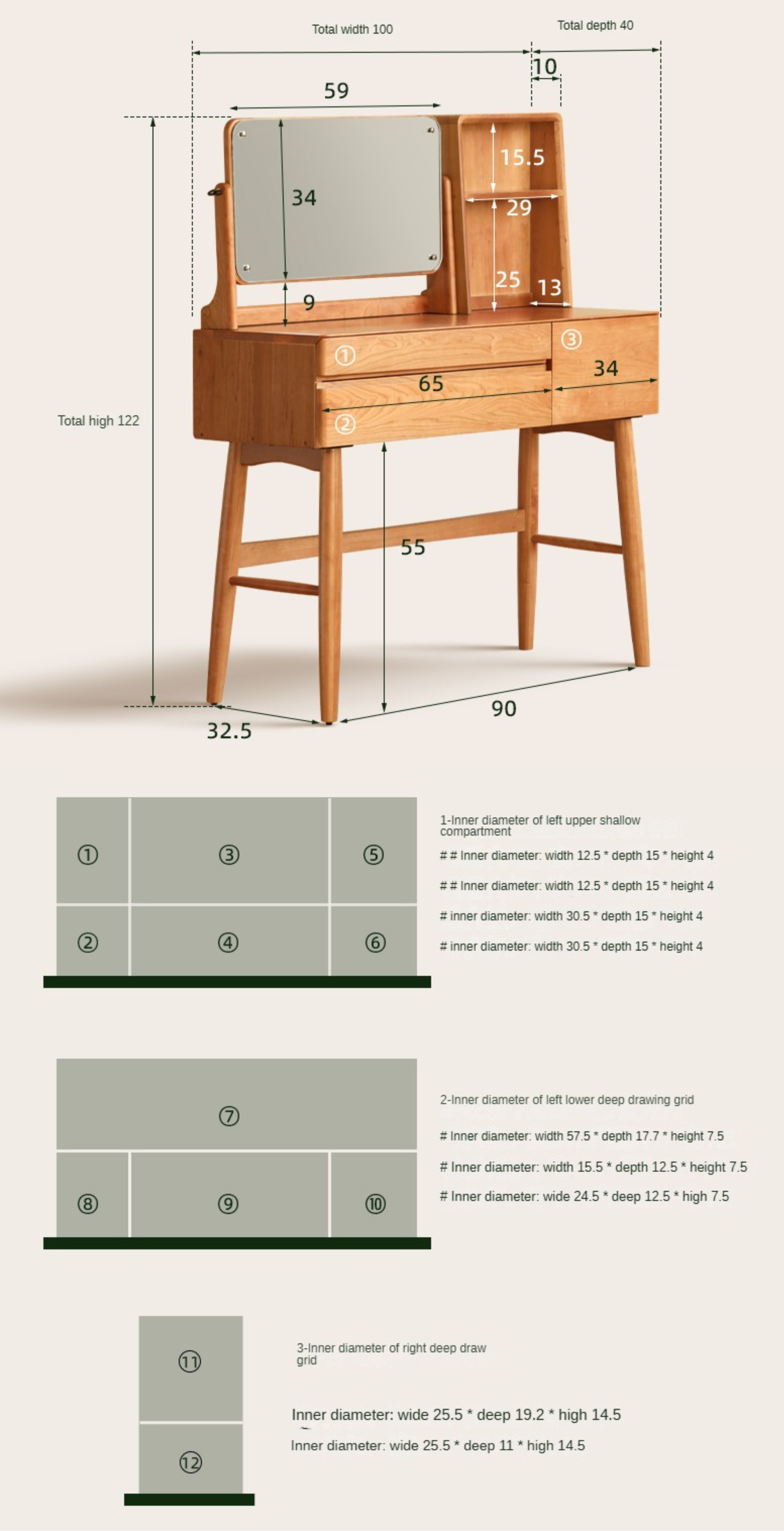 Cherry Solid Wood Vanity Table Nordic Makeup Mirror.