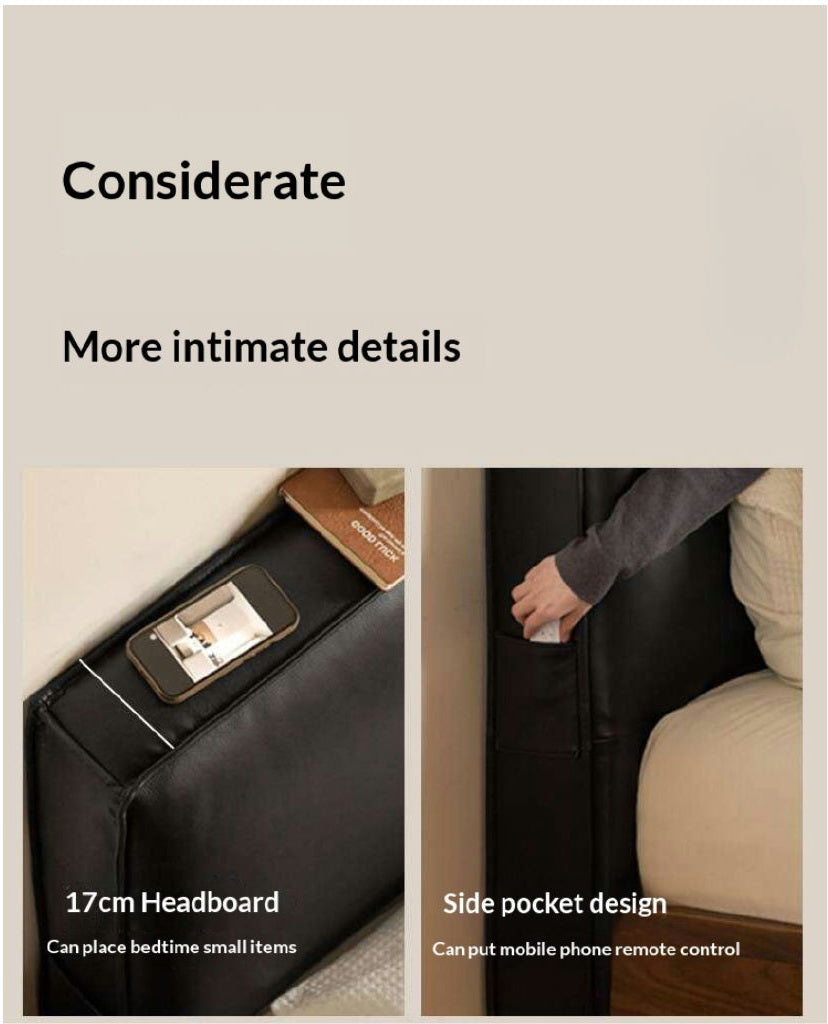 Black Walnut Solid Wood Box Bed — Italian Light Luxury, Genuine Leather Upholstered Headboard