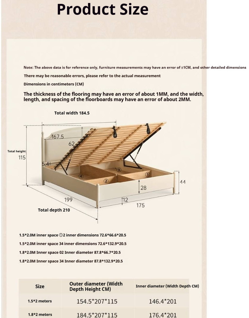 Rubberwood Solid Wood French Cream Storage Bed with Upholstered Headboard