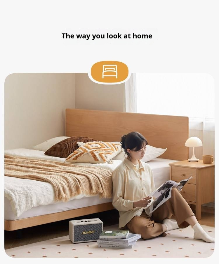 European Beech Solid Wood Bed — Nordic Minimalist Style