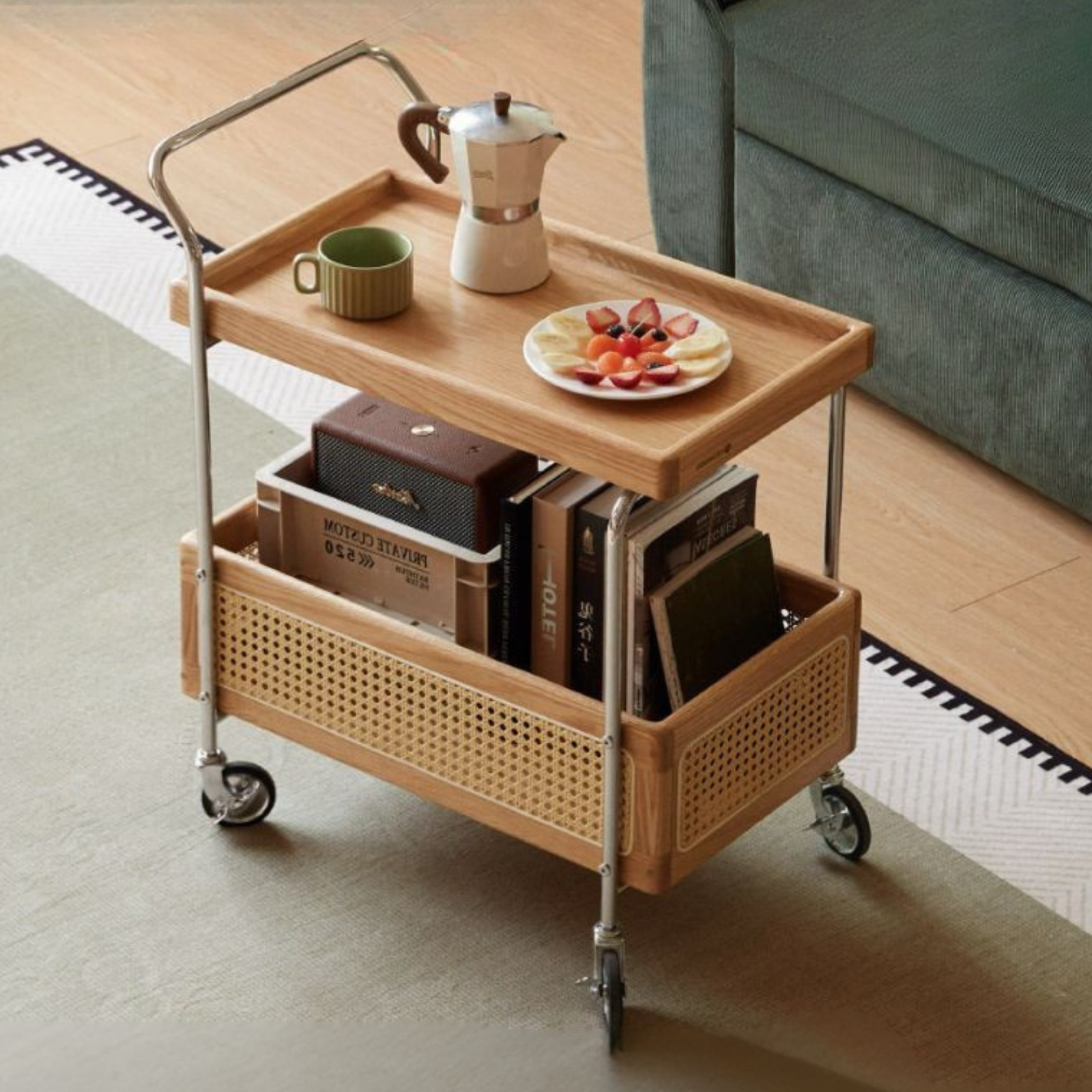 Oak Solid Wood Side Table with Double Layer Storage and Rattan Accents, Mobile