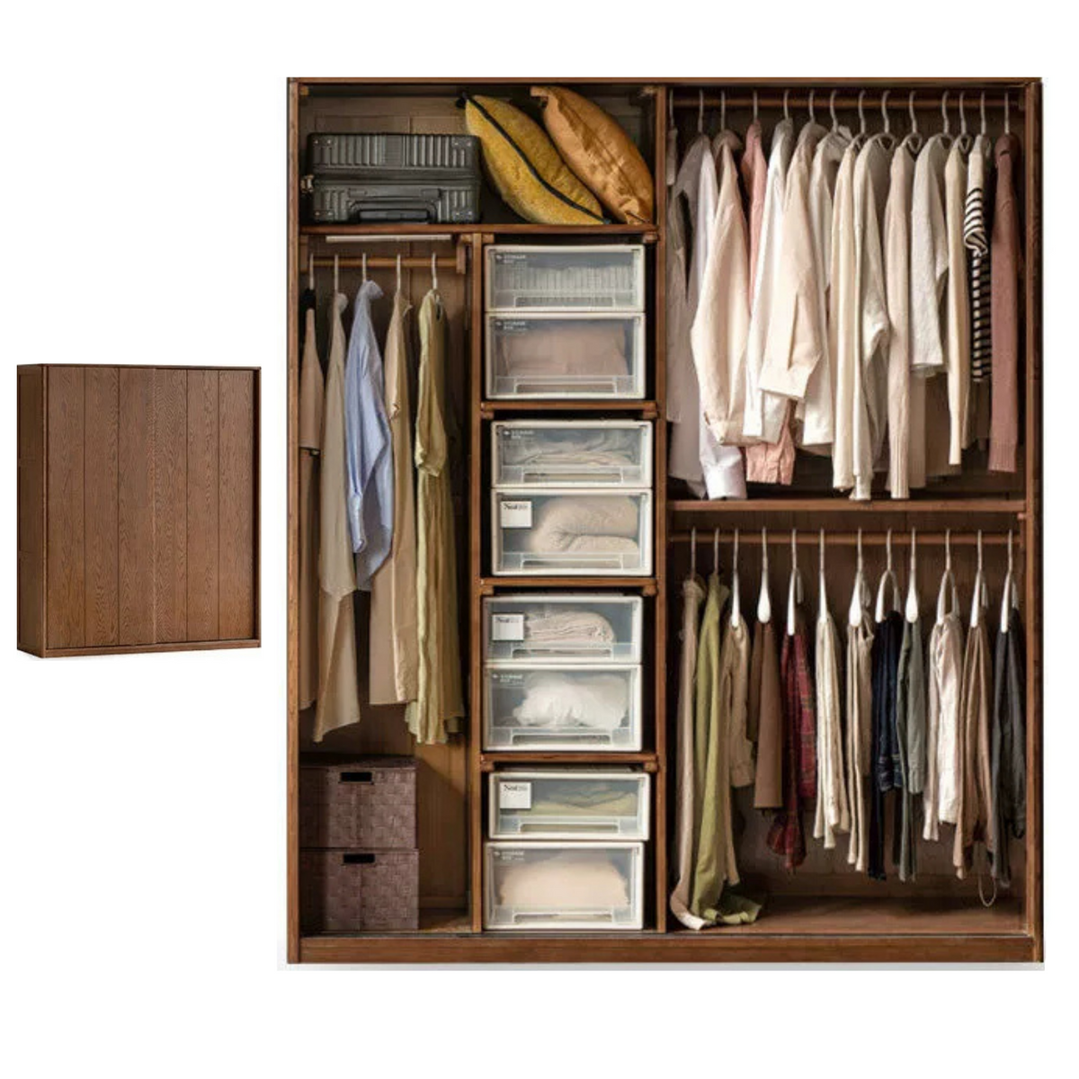 Oak Solid Wood Modern Wardrobe with Hybrid Hinged and Sliding Door Layout