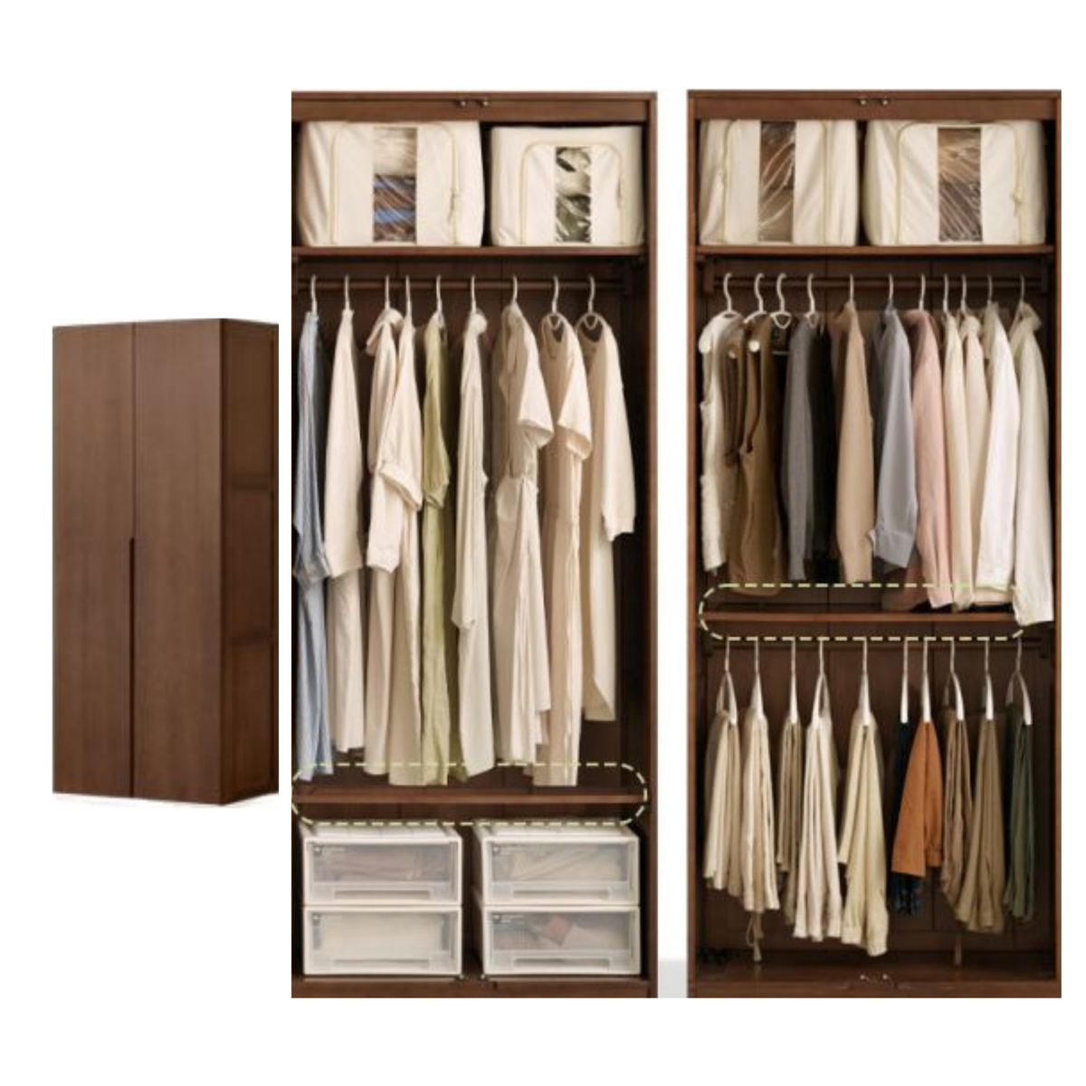 Sandalwood, Black Walnut Solid Wood Floor-to-Ceiling Wardrobe Closet with Interior Shelving and Hanging Rods