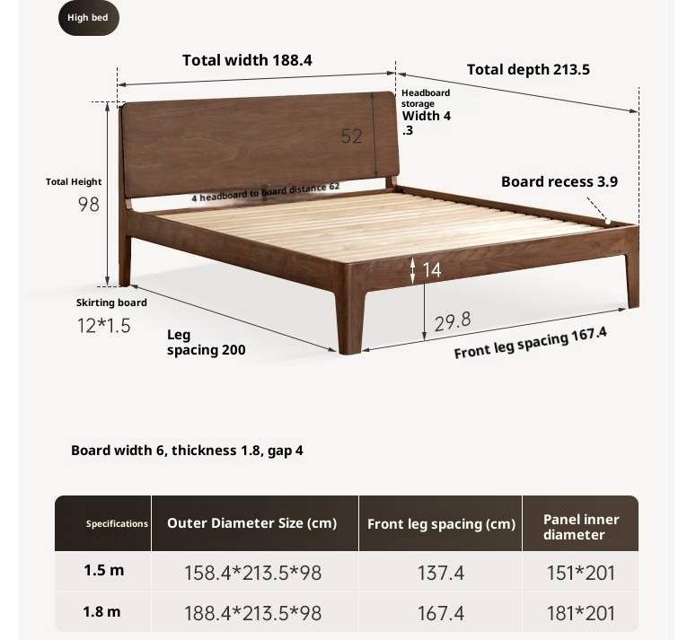 Black Walnut, Golden Sandalwood Solid Wood Italian Style Light Luxury Bed