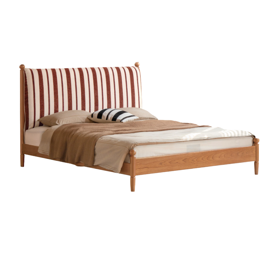 Cherry Solid Wood Fabric Upholstered Bed