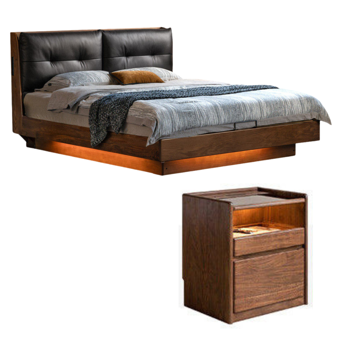 Black Walnut Solid Wood Genuine Leather Lift-Up Storage Bed with Tufted Headboard and LED Floating Base