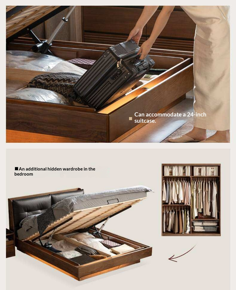Black Walnut Solid Wood Genuine Leather Lift-Up Storage Bed with Tufted Headboard and LED Floating Base