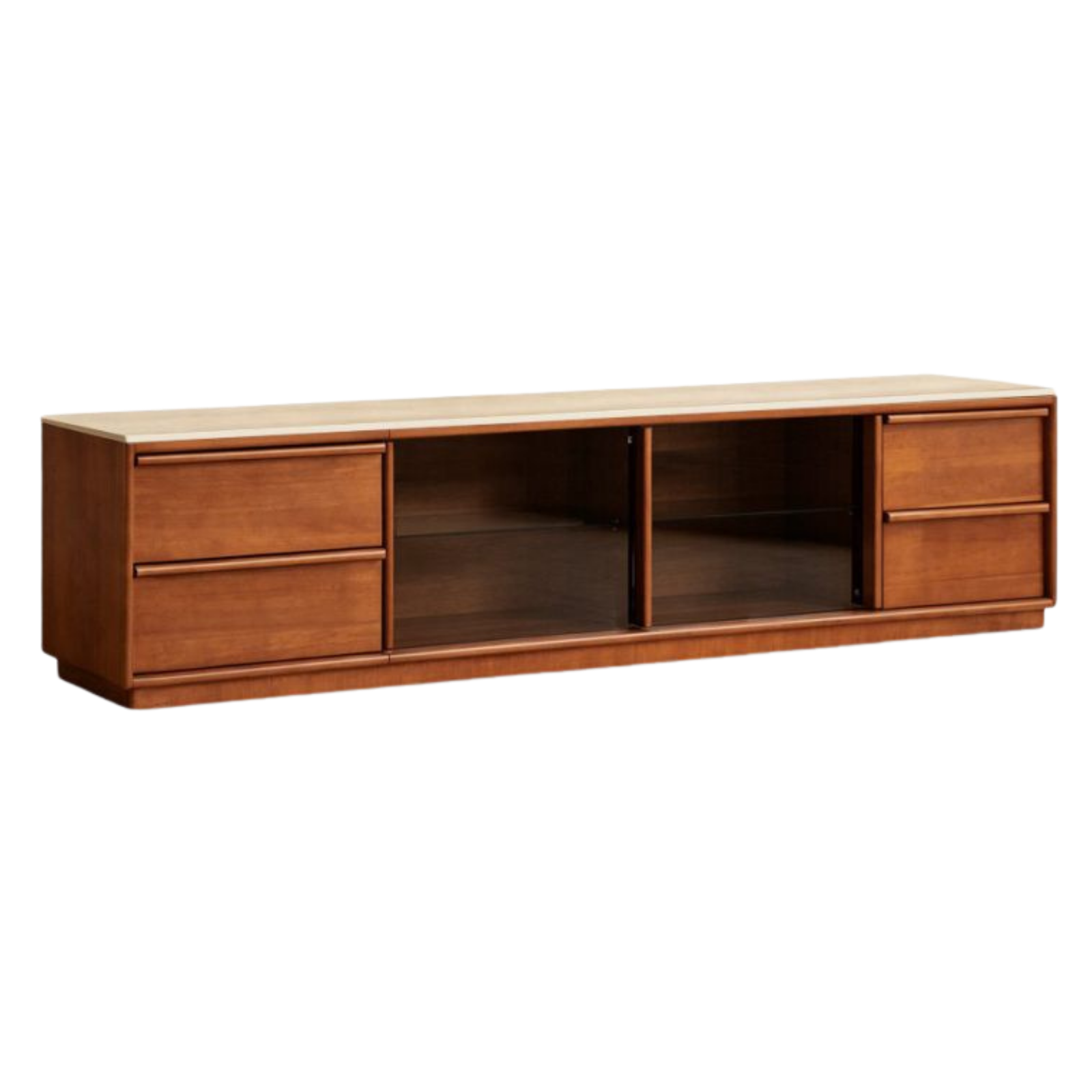 Poplar Solid Wood Stone Top TV Stand with Sliding Glass Doors