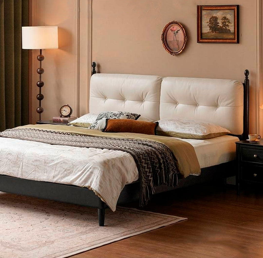 Leather Soft Bed French Retro Style