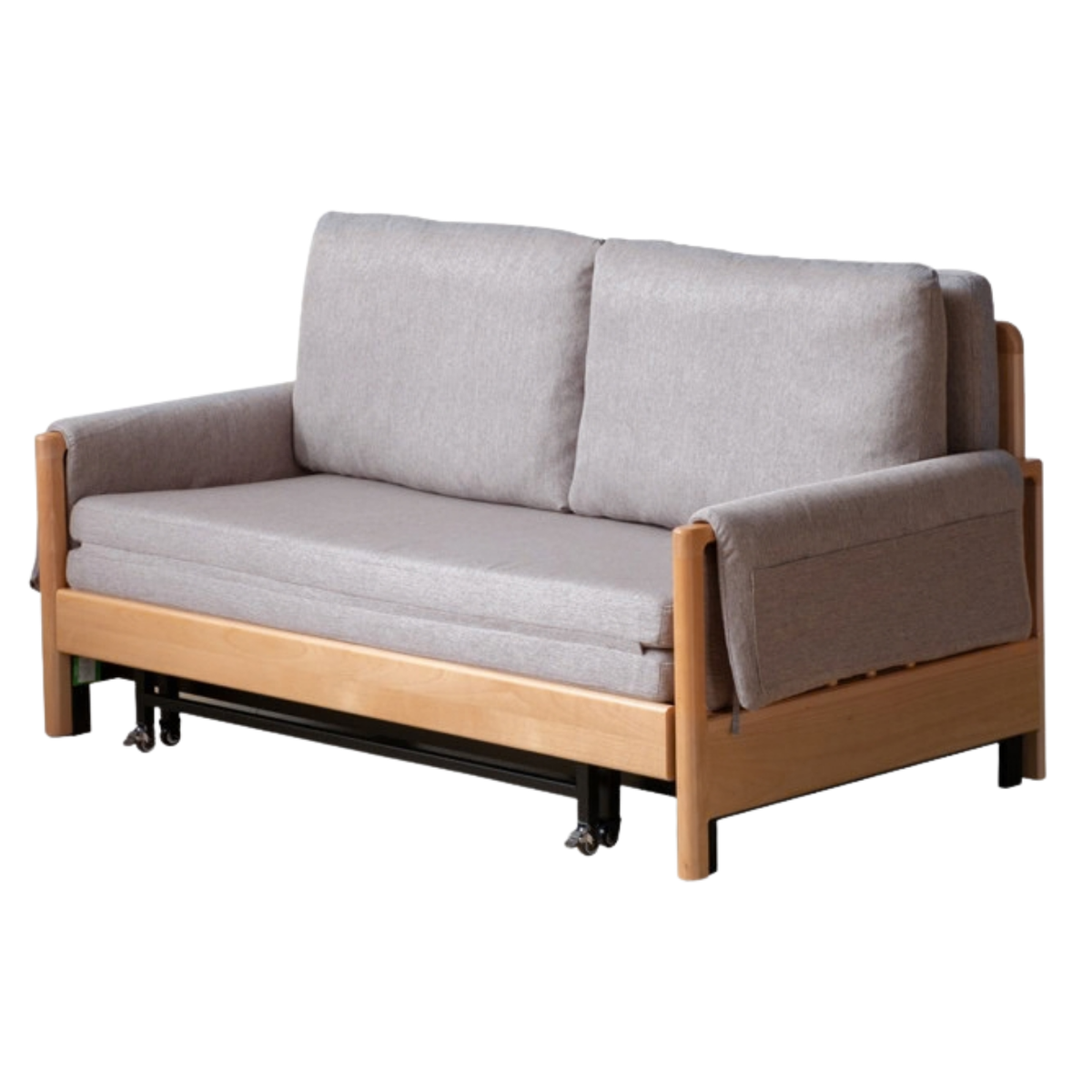 Beech Solid Wood Sleeper Sofa with Pull-Out Bed and Slatted Wood Armrests