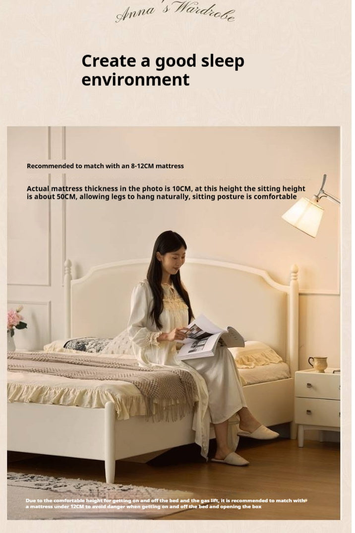 Rubberwood Solid Wood French Cream Storage Bed with Upholstered Headboard