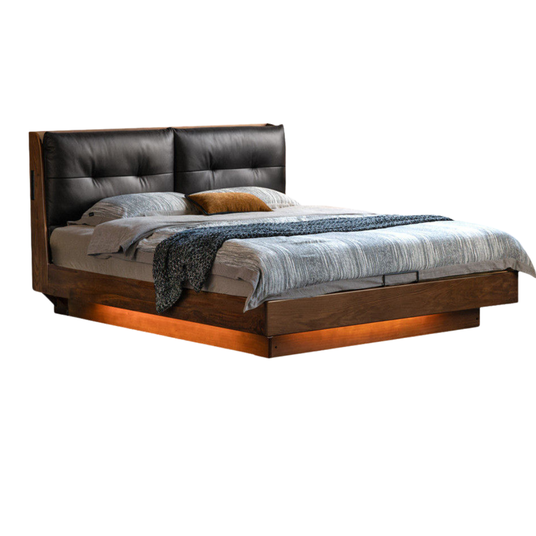 Black Walnut Solid Wood Genuine Leather Lift-Up Storage Bed with Tufted Headboard and LED Floating Base