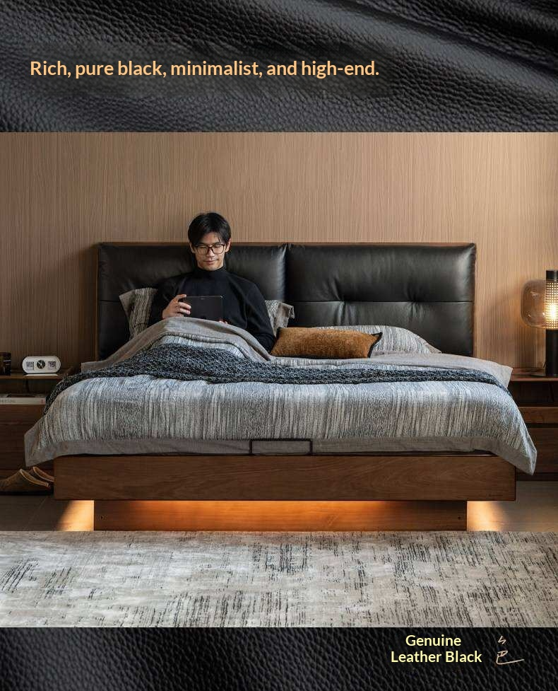 Black Walnut Solid Wood Genuine Leather Lift-Up Storage Bed with Tufted Headboard and LED Floating Base