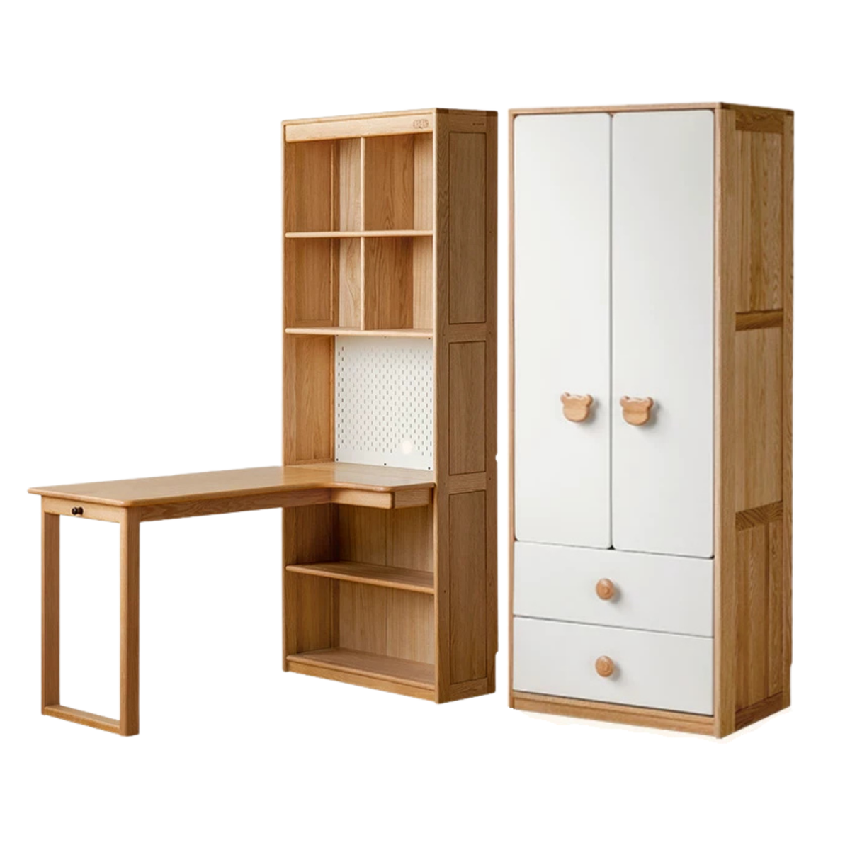 Oak Solid Wood Children's Study Desk, Bookshelf, Wardrobe