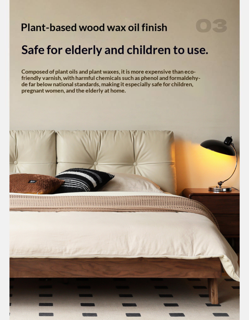 Black Walnut Solid Wood Bed with Top Genuine Leather Upholstery and Nordic High Headboard