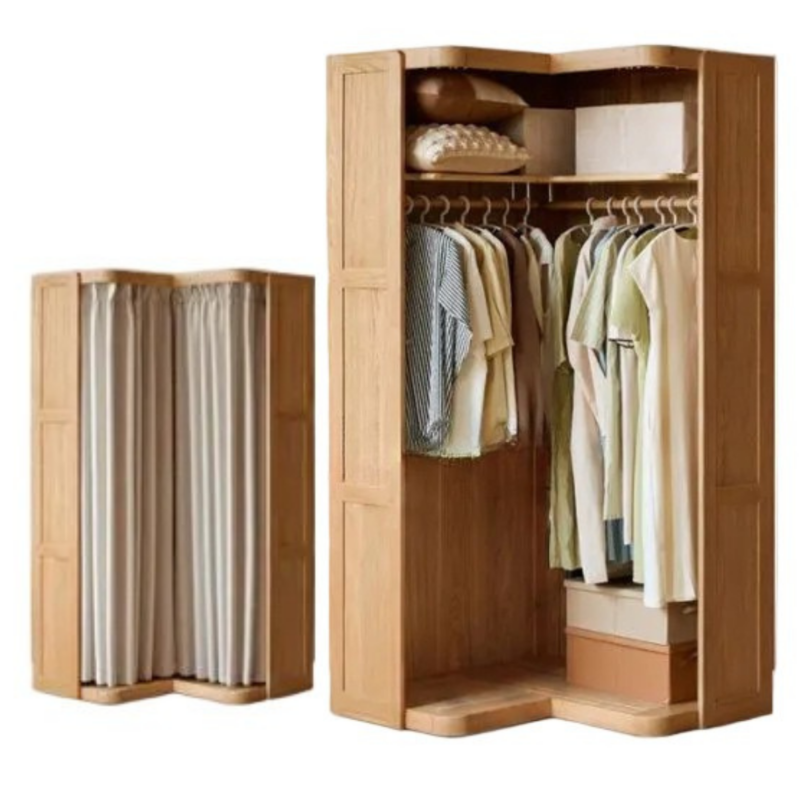 Oak Solid Wood Corner Wardrobe with Removable and Washable Fabric Curtain