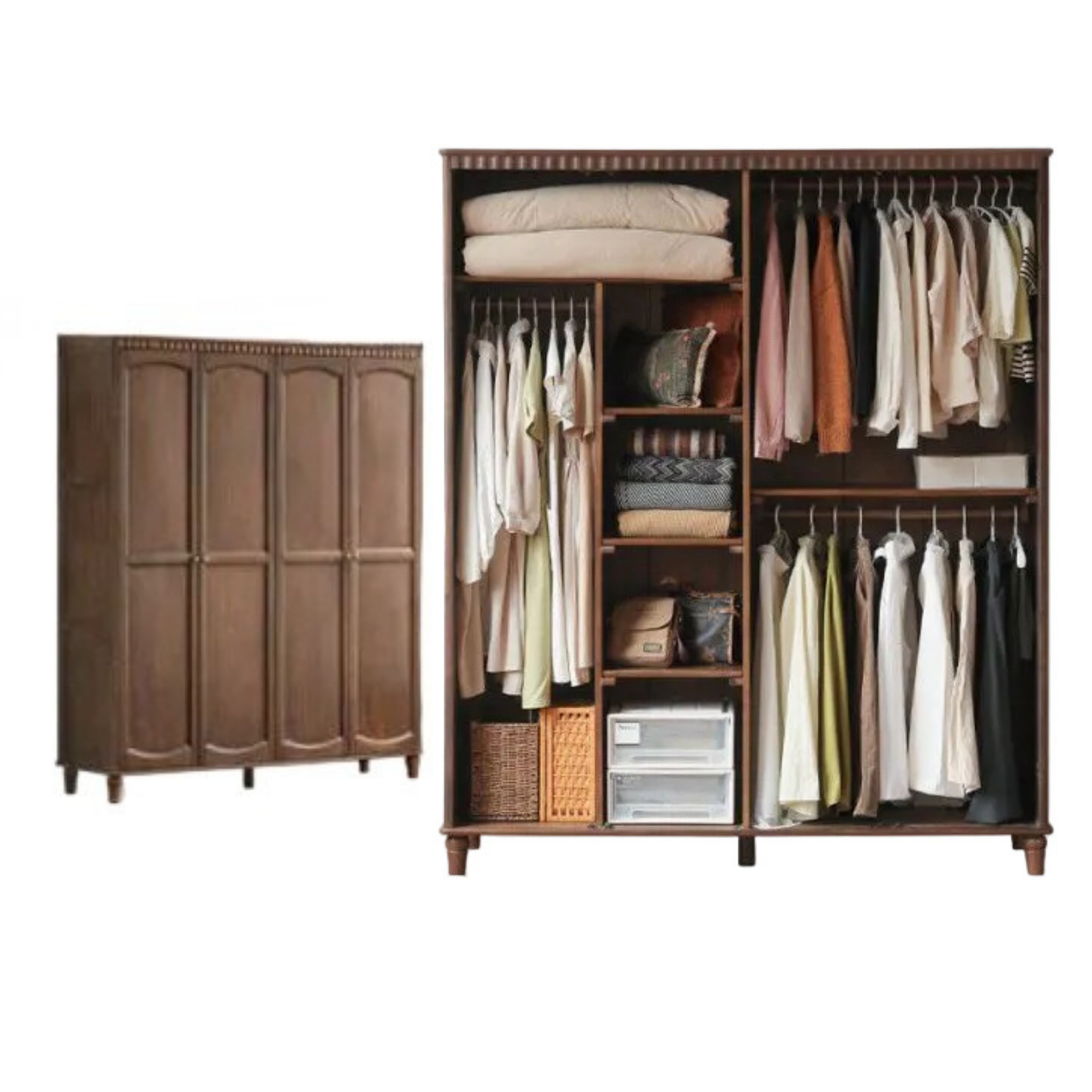 Black Walnut Solid Wood Wardrobe with American Retro Style and Light Luxury Finish