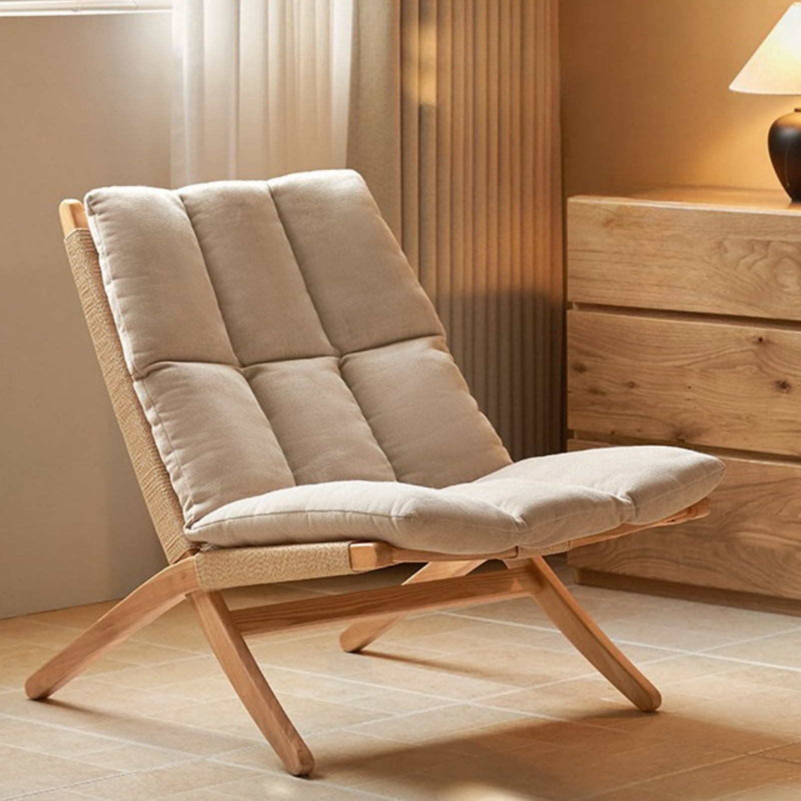 Oak Solid Wood Rope Weave Lounge Chair, Danish Mid Century Scandinavian Accent Chair