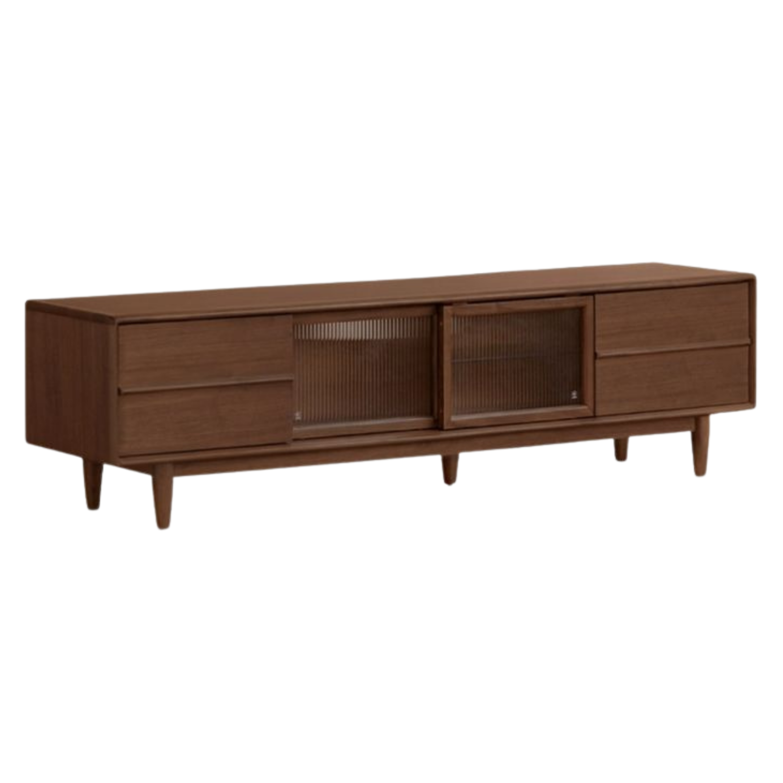 Solid Longan Hardwood Mid-Century TV Console with Fluted Sliding Doors