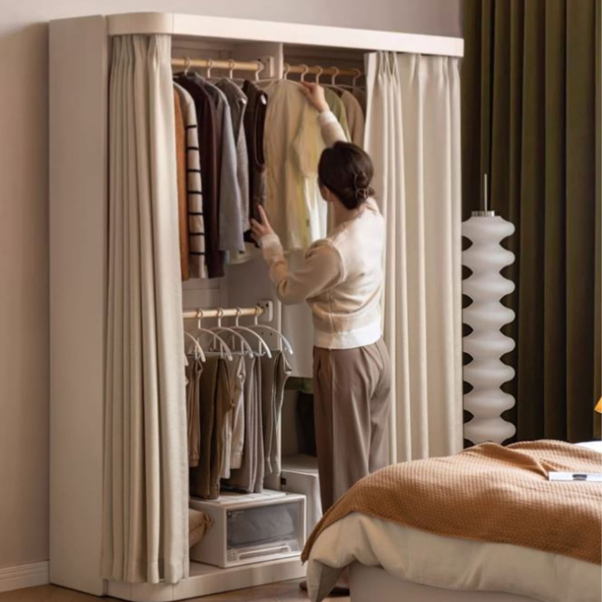 Poplar Solid Wood White Cream Walk-in Curtain Wardrobe.