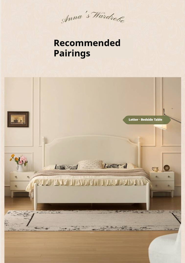 Rubberwood Solid Wood French Cream Storage Bed with Upholstered Headboard