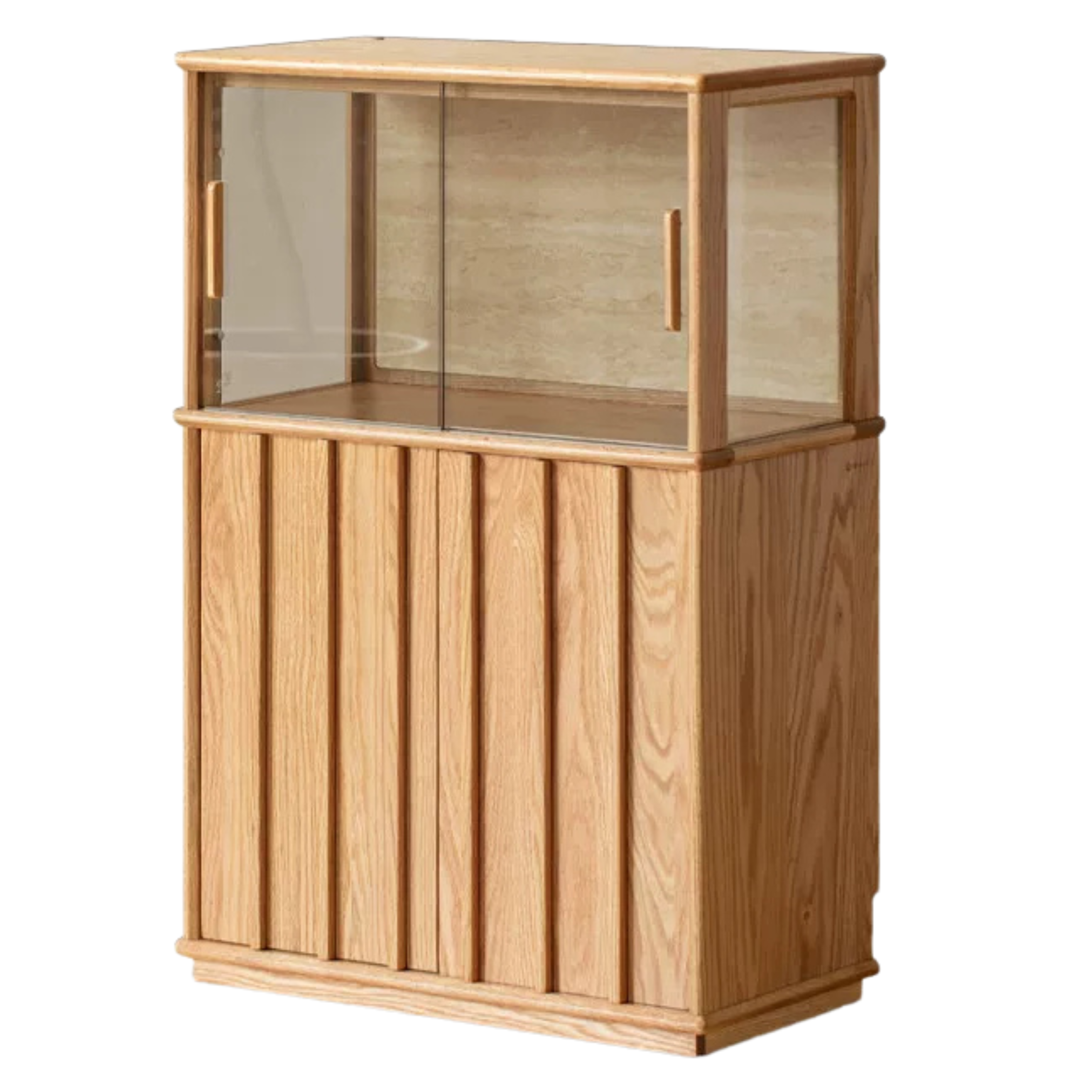 Oak Solid Wood Lighted Display Cabinet with Glass Door and Fluted Wood Panels