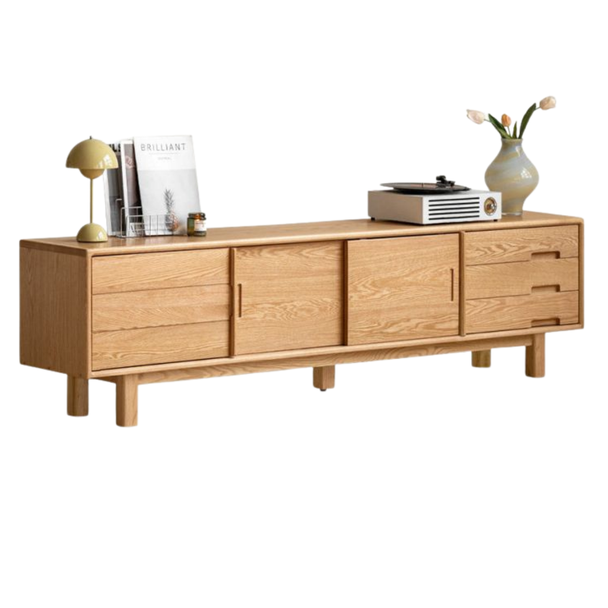 Oak Solid Wood TV Console with Ribbed Sliding Doors and Open Shelving