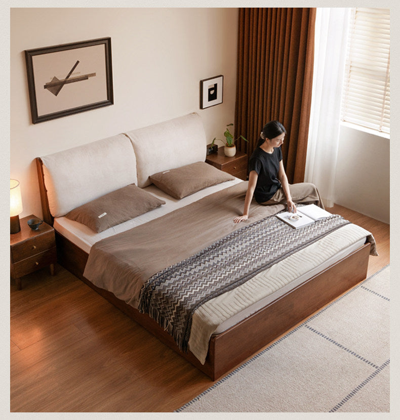 Rubberwood Solid Wood Storage Bed with Lift-Up Platform and Oversized Cushioned Headboard
