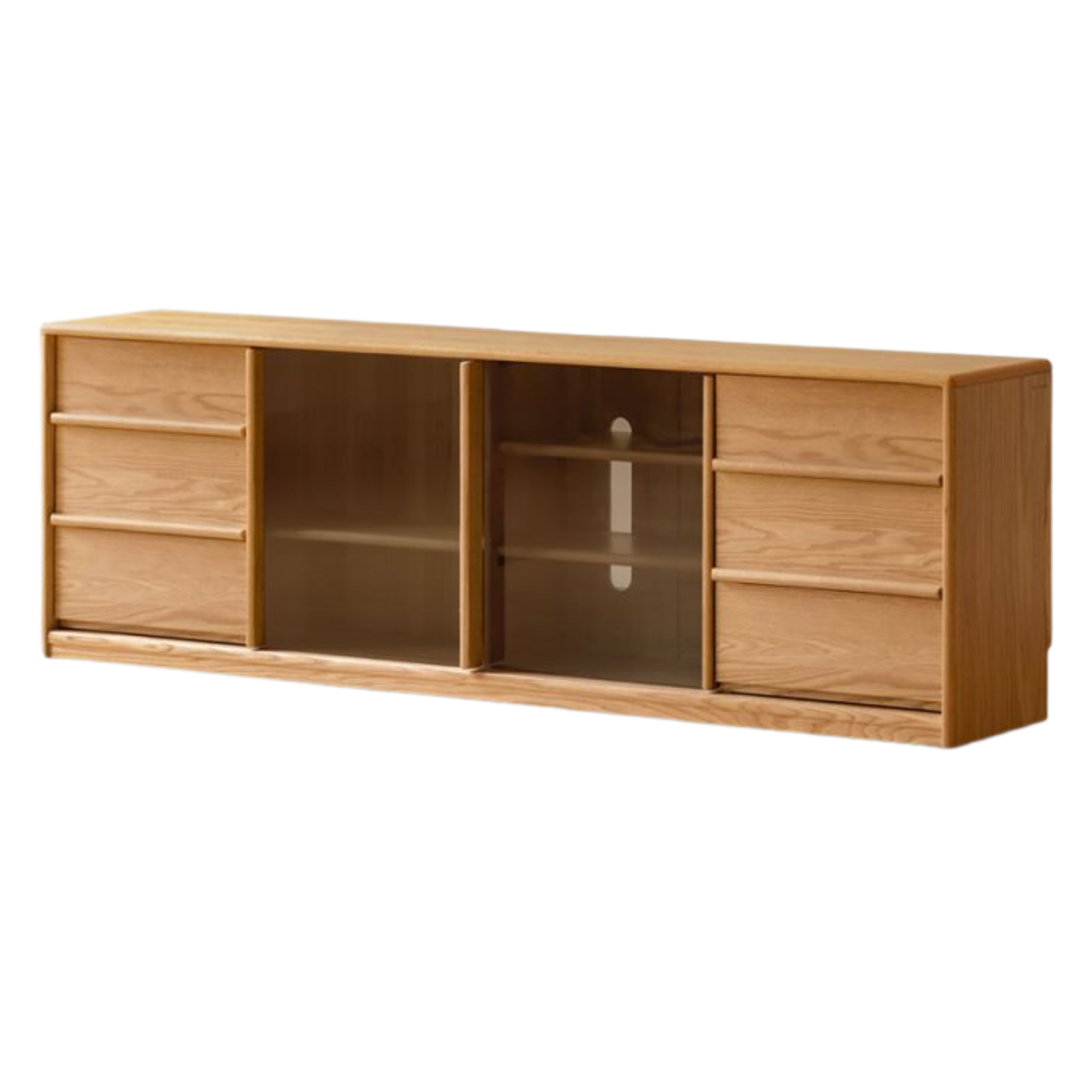 Oak Solid Wood TV Stand with Sliding Glass Doors and Drawers