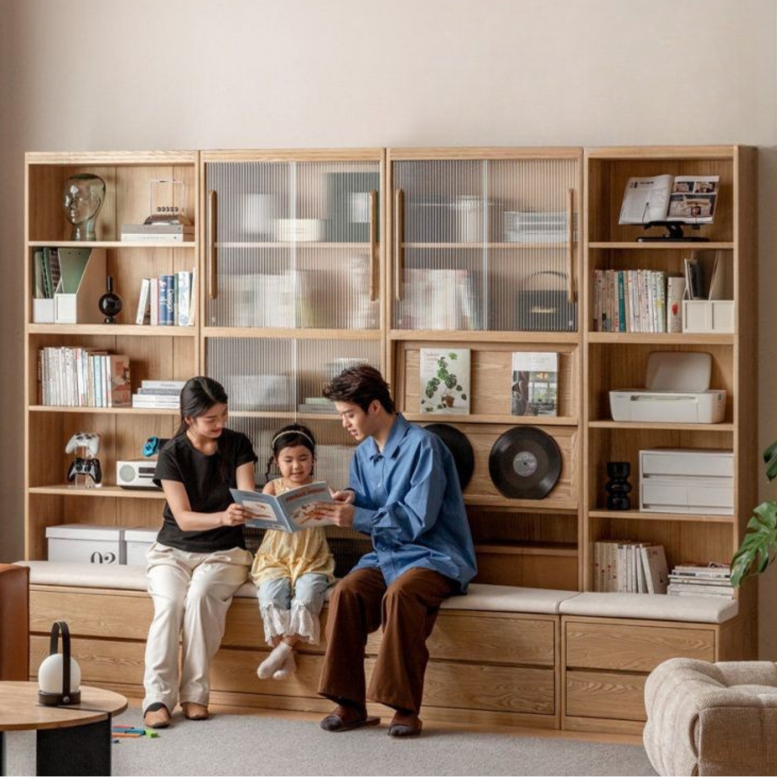 Ash Solid Wood Wall-Mounted Bookcase with Integrated Study Shelf