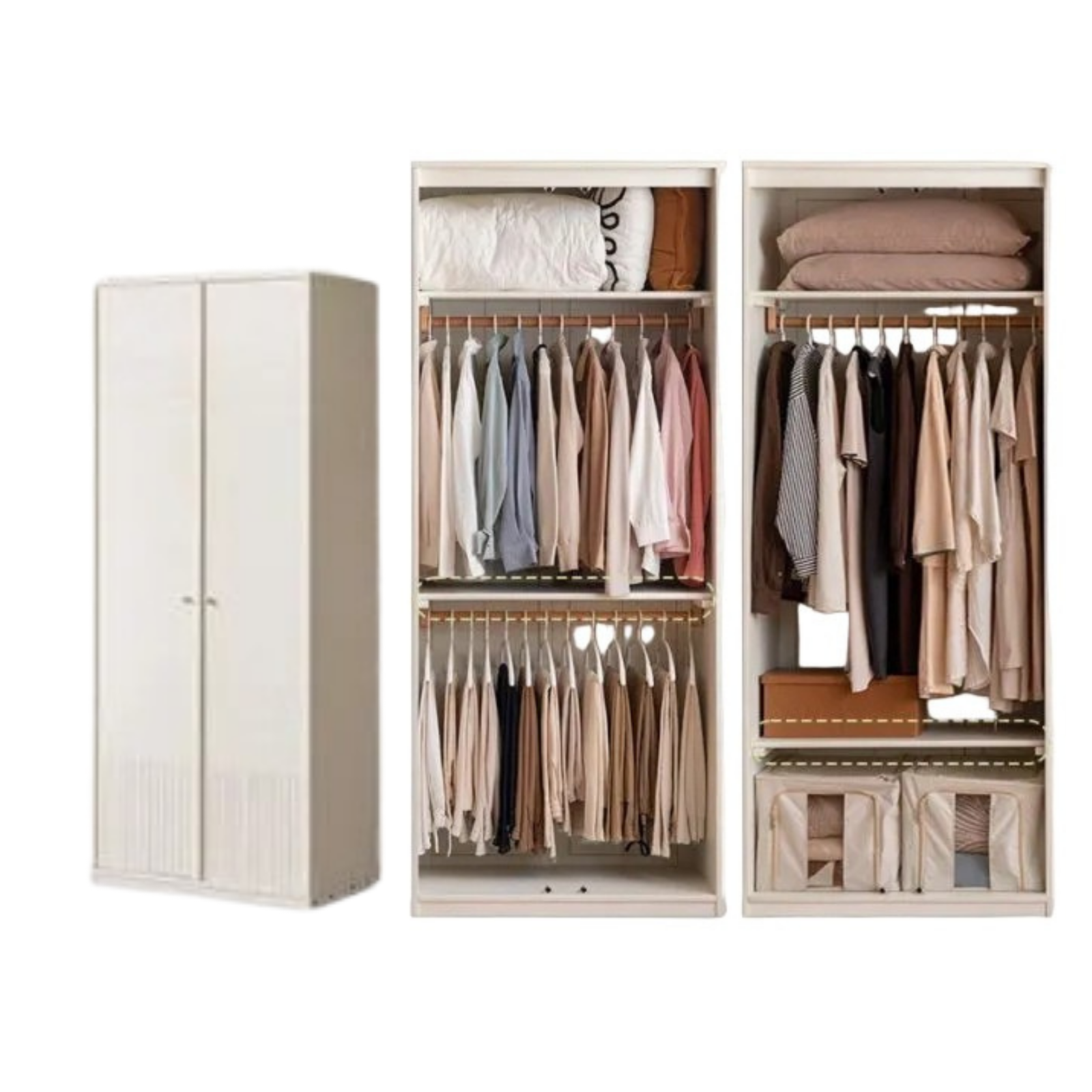 Pine Solid Wood Wardrobe with French Cream Finish and Double Doors