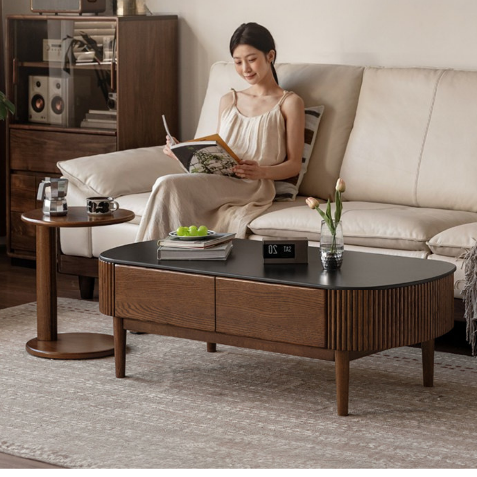 Oak Solid Wood Coffee Table with Rock Plate Surface