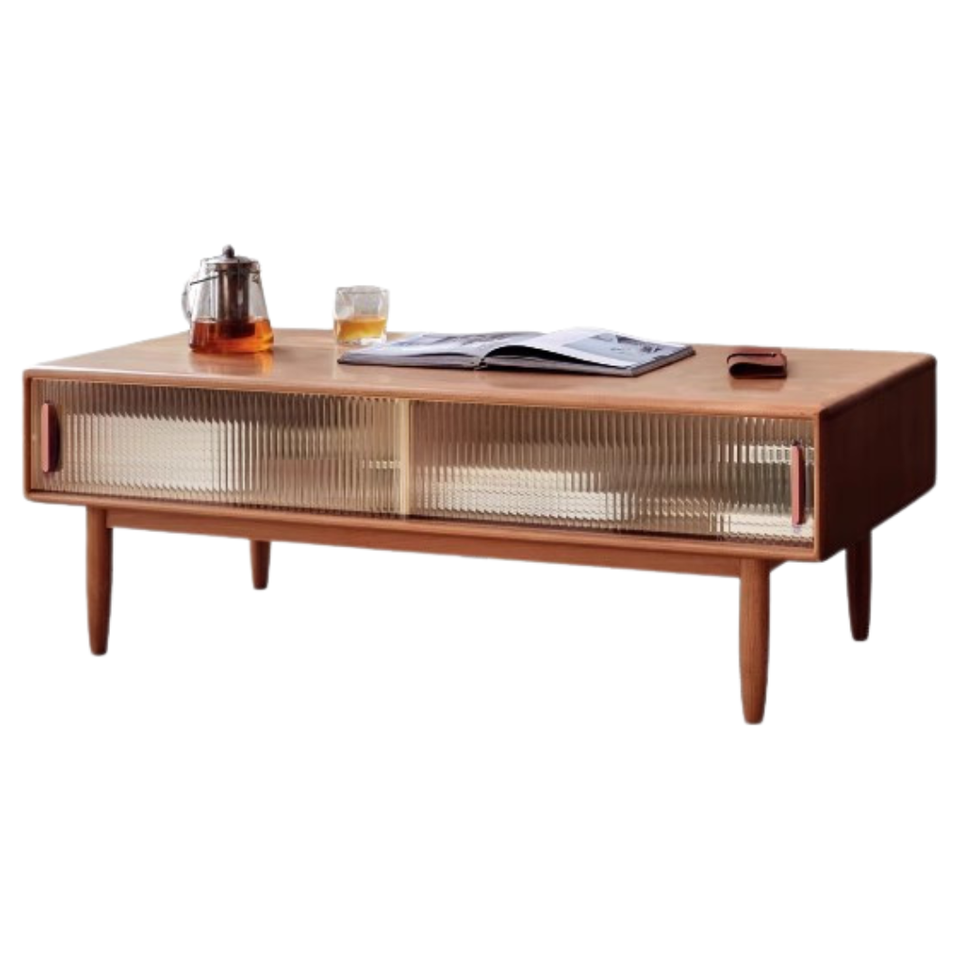 Beech solid wood glass sliding door coffee table-