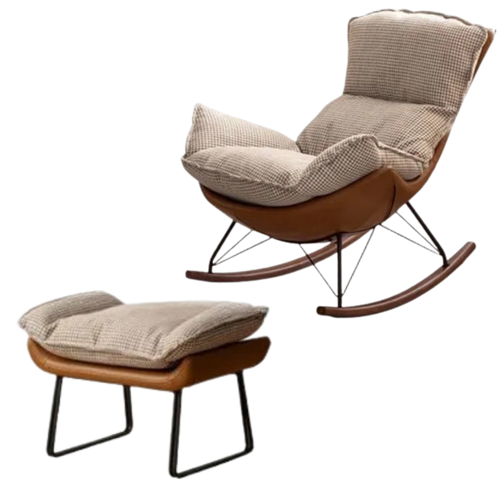 Beech Solid Wood Mid-Century Rocking Accent Chair with Houndstooth Cushion